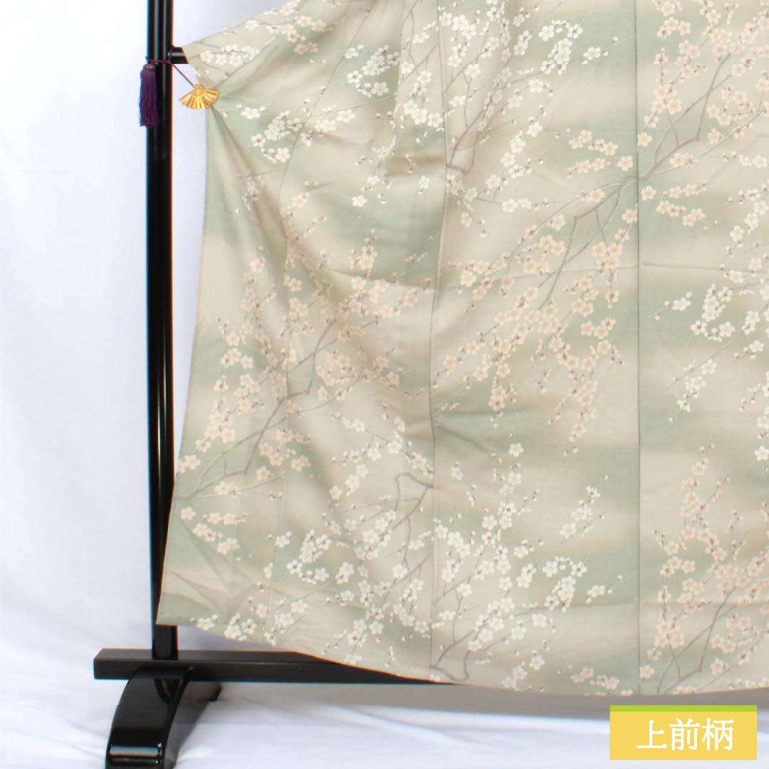 小紋 ポリエステル Sランク 身丈161cm 裄丈66cm 単衣 遠州鼠色（えんしゅうねずいろ） 型染 ぼかし染 桜 洗える着物 ベージュ系 1115007802425