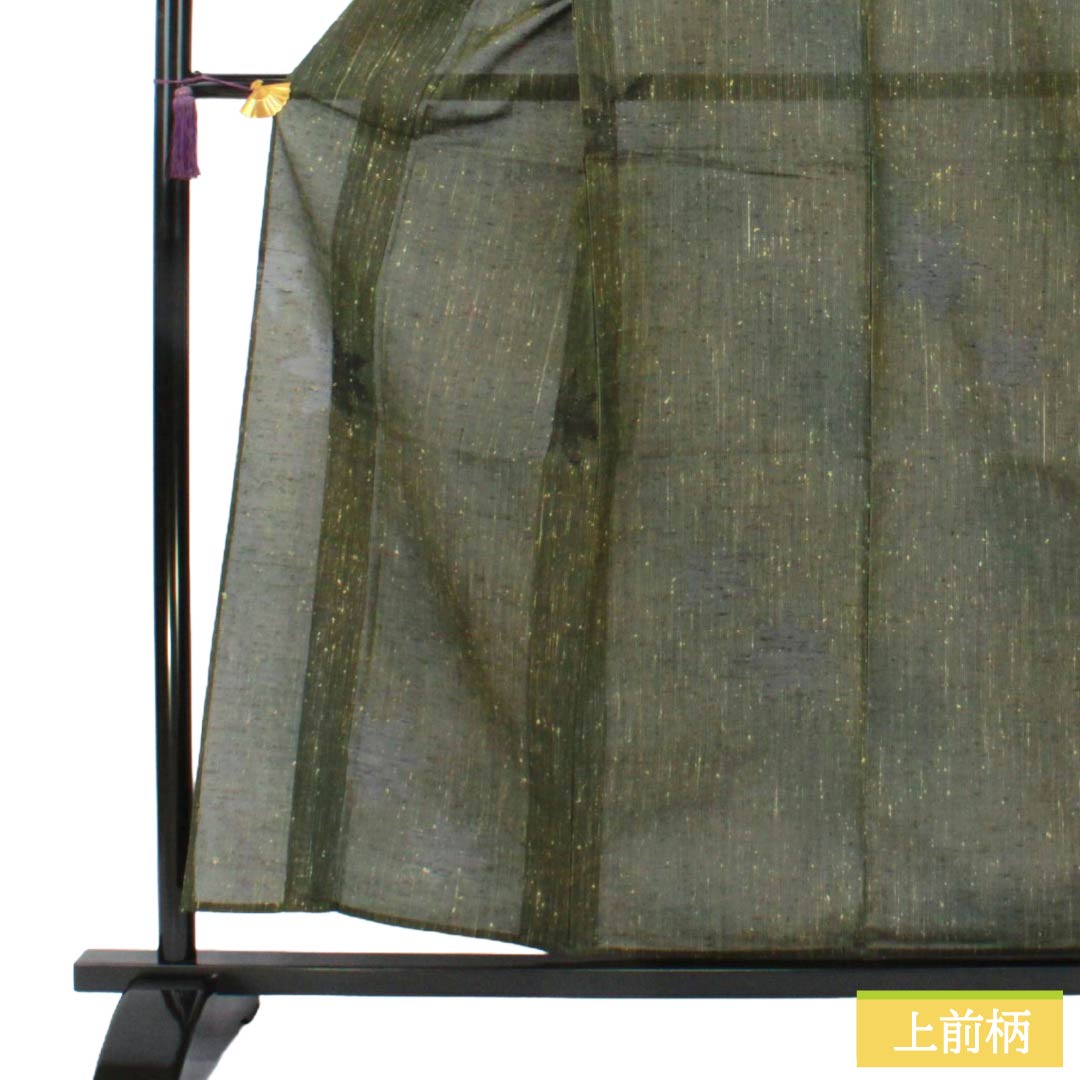 夏物 正絹 紬 Sランク 身丈158.5cm 裄丈64cm 藍海松茶色（あいみるちゃいろ） 紅葉 縞 紗 緑系 1132006382319