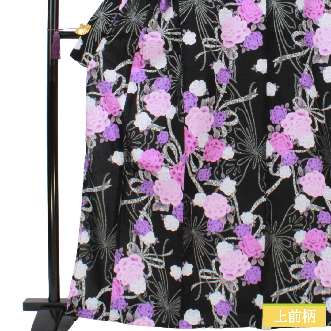 浴衣 木綿 Sランク 身丈165cm 裄丈65.5cm 薔薇 蝶 単衣 黒系 1118007632510