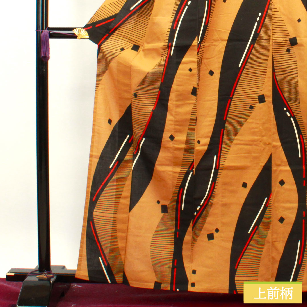浴衣 木綿 身丈163.5cm 裄丈62.5cm Aランク 単衣 茶系 狐色（きつねいろ） 幾何学模様 1118004843414