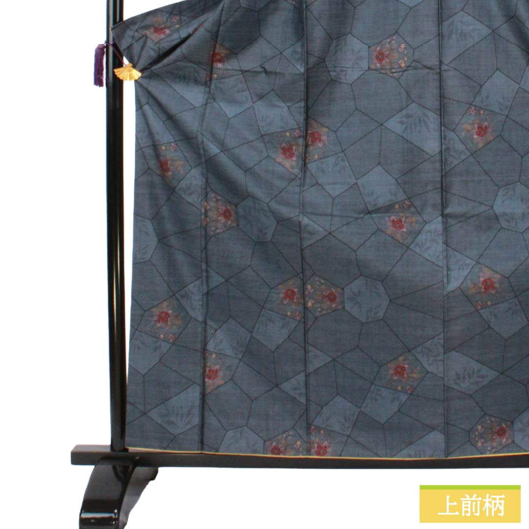 未使用☆大島紬  お草履セット 正絹 紺 総花柄 逸品 クリーニング済 リサイクル着物】紬 正絹 Aランク 身丈163cm 裄丈62cm 青袋鼠色（せい