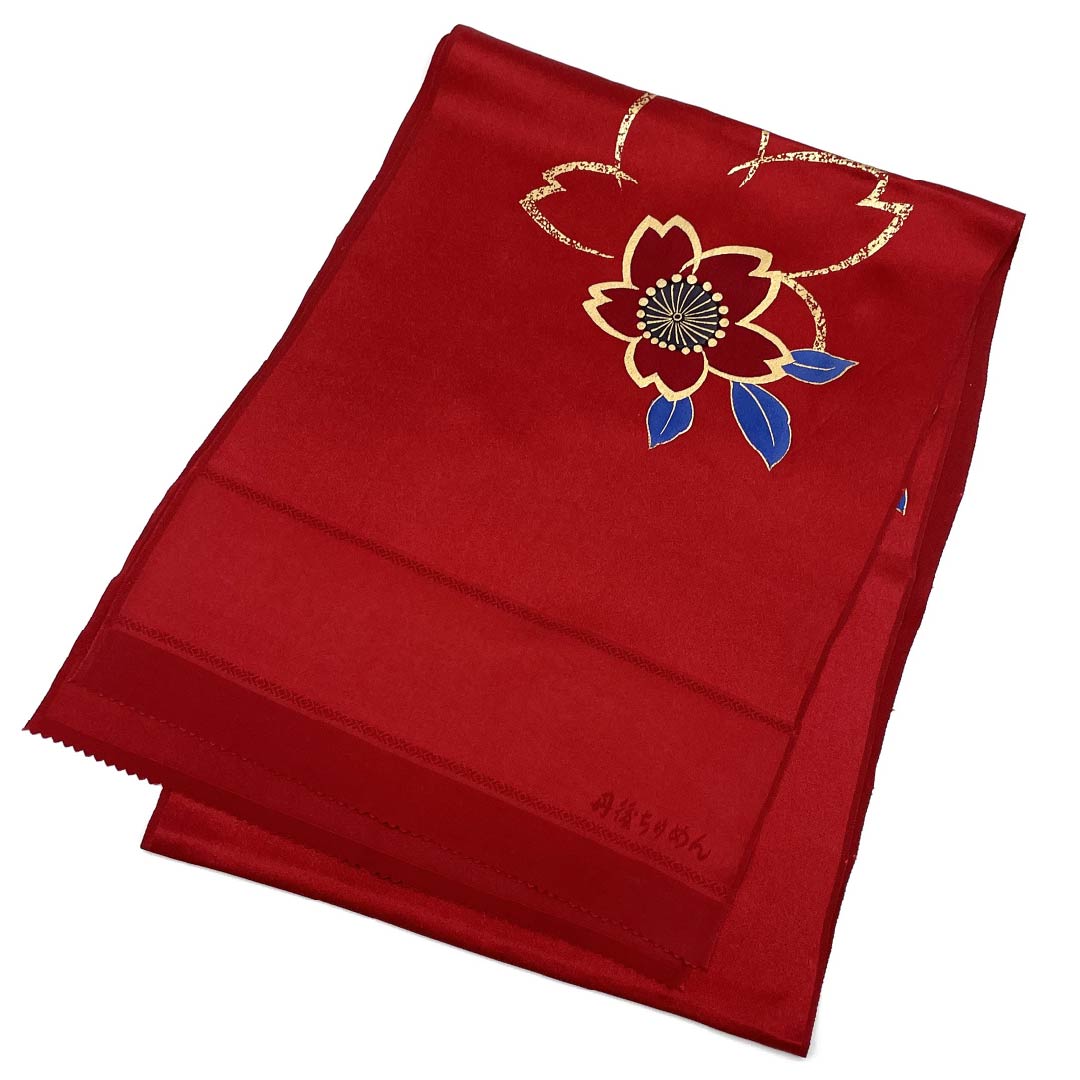 Formal obiage (sash) made of pure silk, grade A, crimson (shinkuiro) with a cherry blossom pattern, made of Tango crepe, approximately 170cm long and 30cm wide. Product code: 1136001883912.