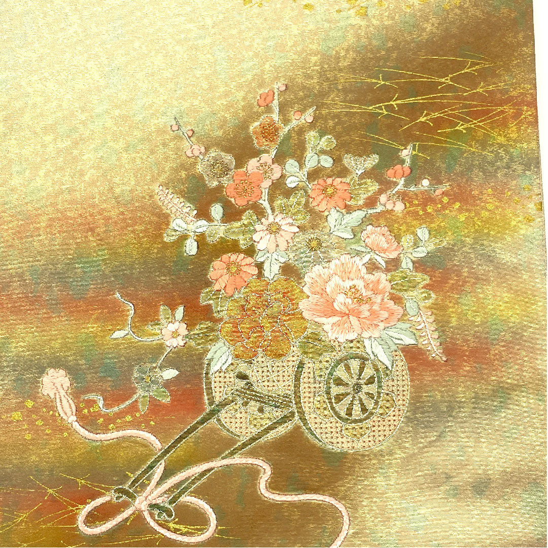 袋帯 刺繍 花車 引箔 帯丈428cm 正絹 Aランク ポイント柄 フォーマル 金系 1123004373321