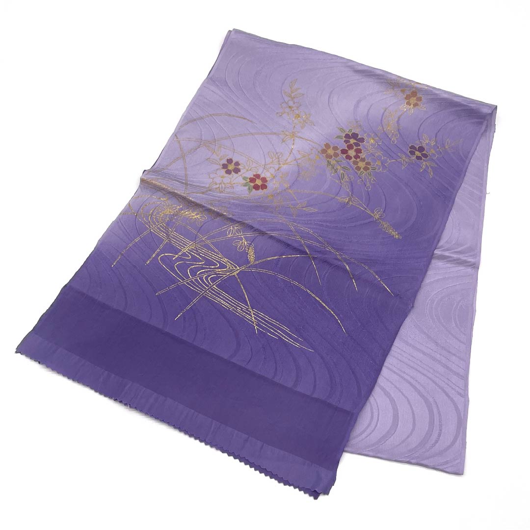 帯揚げ 正絹 Sランク セミフォーマル 薄藤色（うすふじいろ） 葡萄紫色（ぶどうむらさきいろ） 流水 花柄 長さ約180cm 幅約31cm 紫系 1136000972920