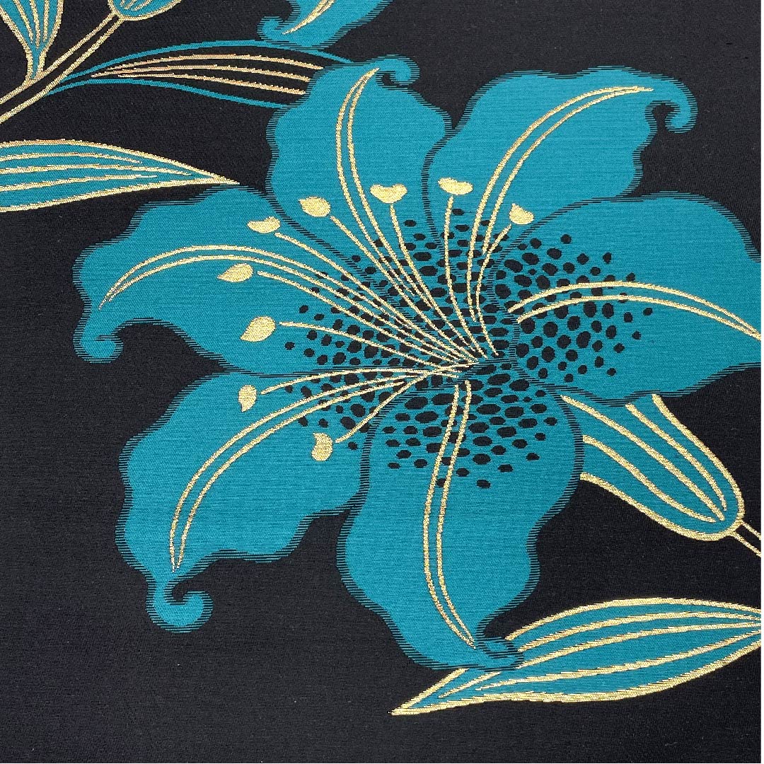 袋帯 草野一騎 百合 振袖用 作家物 黒色 帯丈440cm 正絹 Sランク 六通 セミフォーマル 黒系 1123004722310