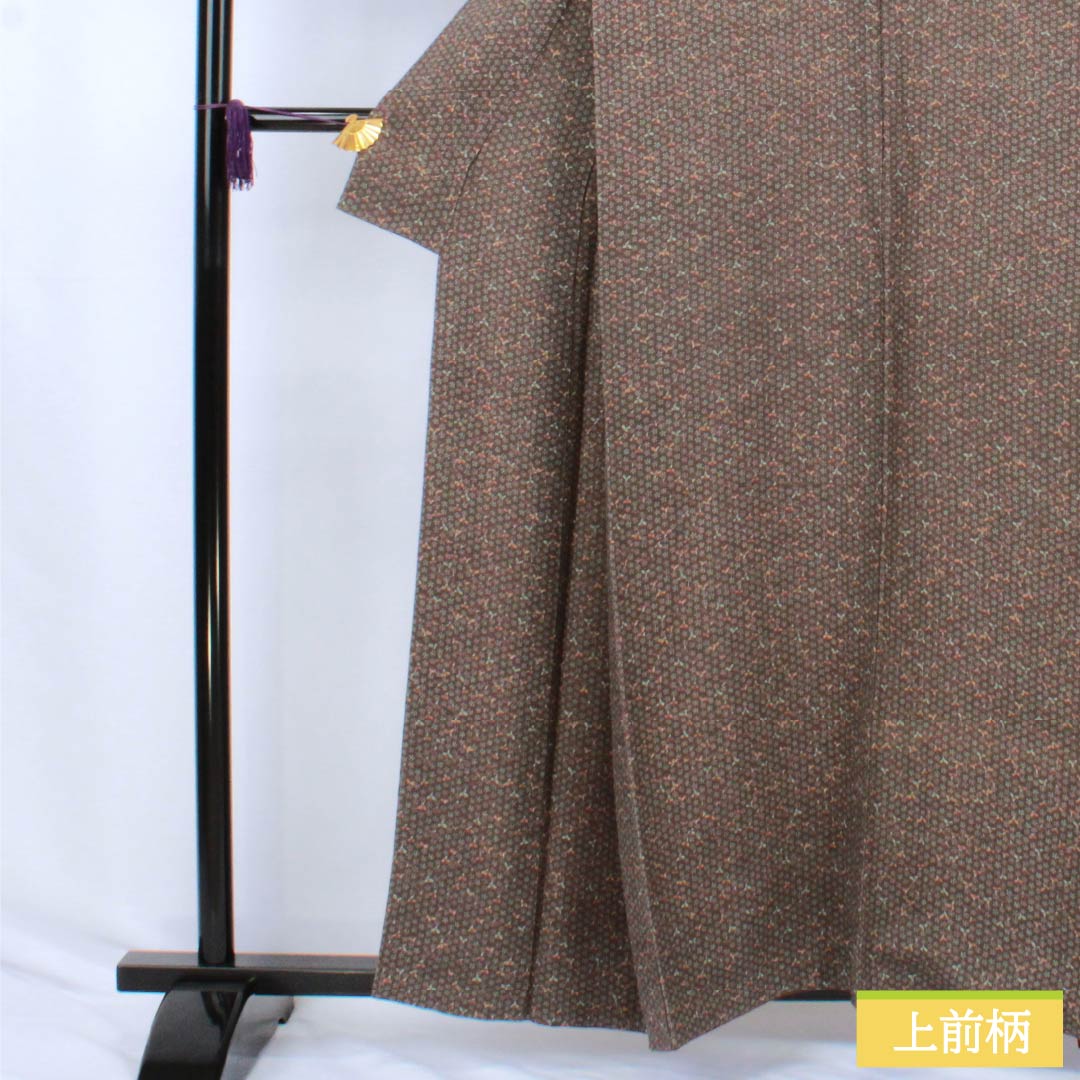 Komon silk kimono, S rank, length 159cm, sleeve length 66cm, lined, chestnut-colored crepe fabric with small flowers and brown accents, product number 1115007412314