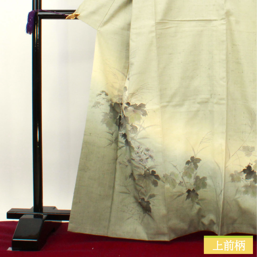 訪問着 正絹 袷 身丈164.5cm 裄丈66.5cm 紬地 作家物 墨描き 草花模様 Aランク 緑系 1112004053419