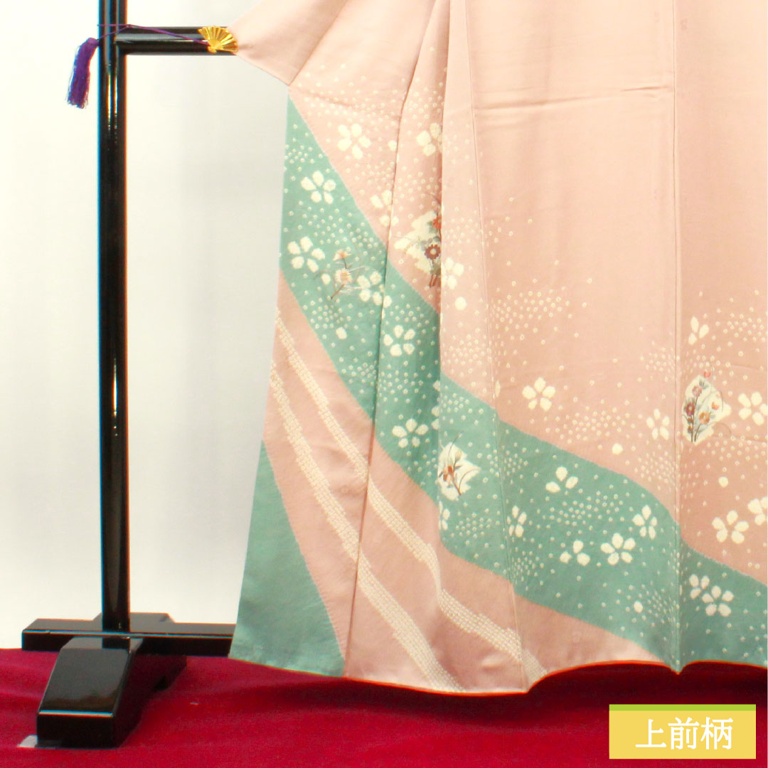 訪問着 正絹 袷 身丈159.5cm 裄丈65cm 退紅色 刺繡 部分絞り 花柄 Sランク ピンク系 1112003732313