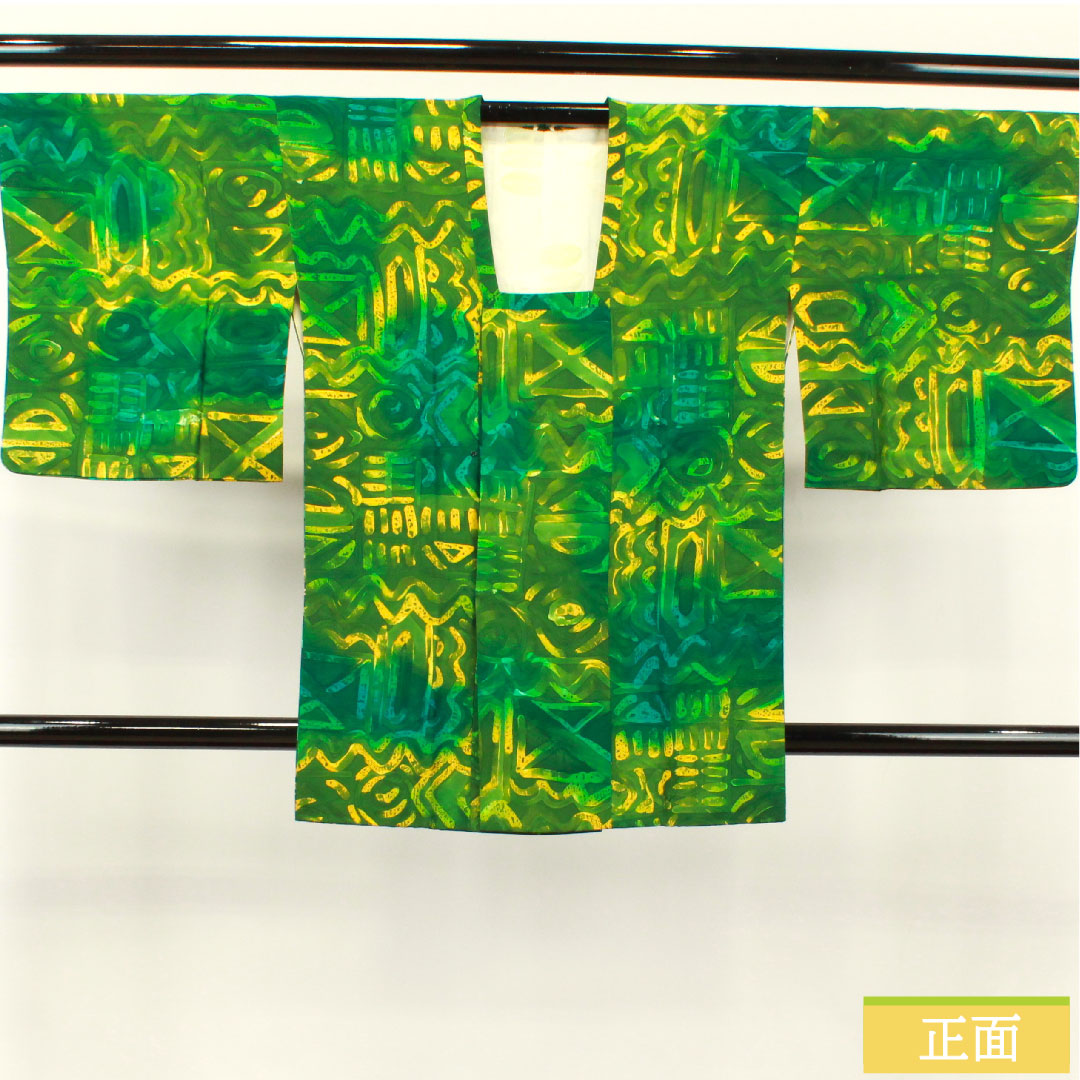 Michiyuki coat, pure silk, length 86.5cm, sleeve length 66.5cm, abstract pattern, wax-resist dyeing, S rank, lined, green, 1117000892919