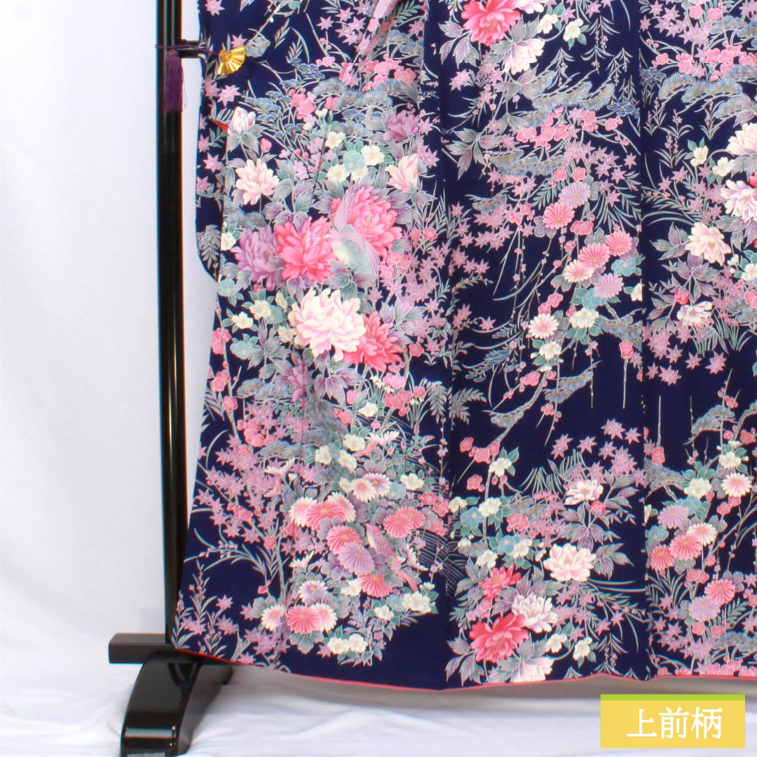 Pure silk furisode (long-sleeved kimono) - Grade A, length 159cm, sleeve length 63cm, lined, in navy blue with bellflower and plum blossom motifs in Kyoto Yuzen. Product code: 1113002623318
