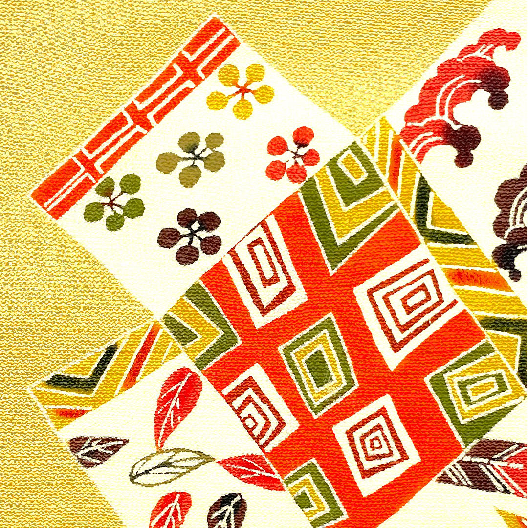 名古屋帯 京紅型 染め帯 縮緬 吉祥文様 帯丈360.5cm 正絹 Aランク ポイント柄 カジュアル 黄系 1124001983323  名古屋仕立て