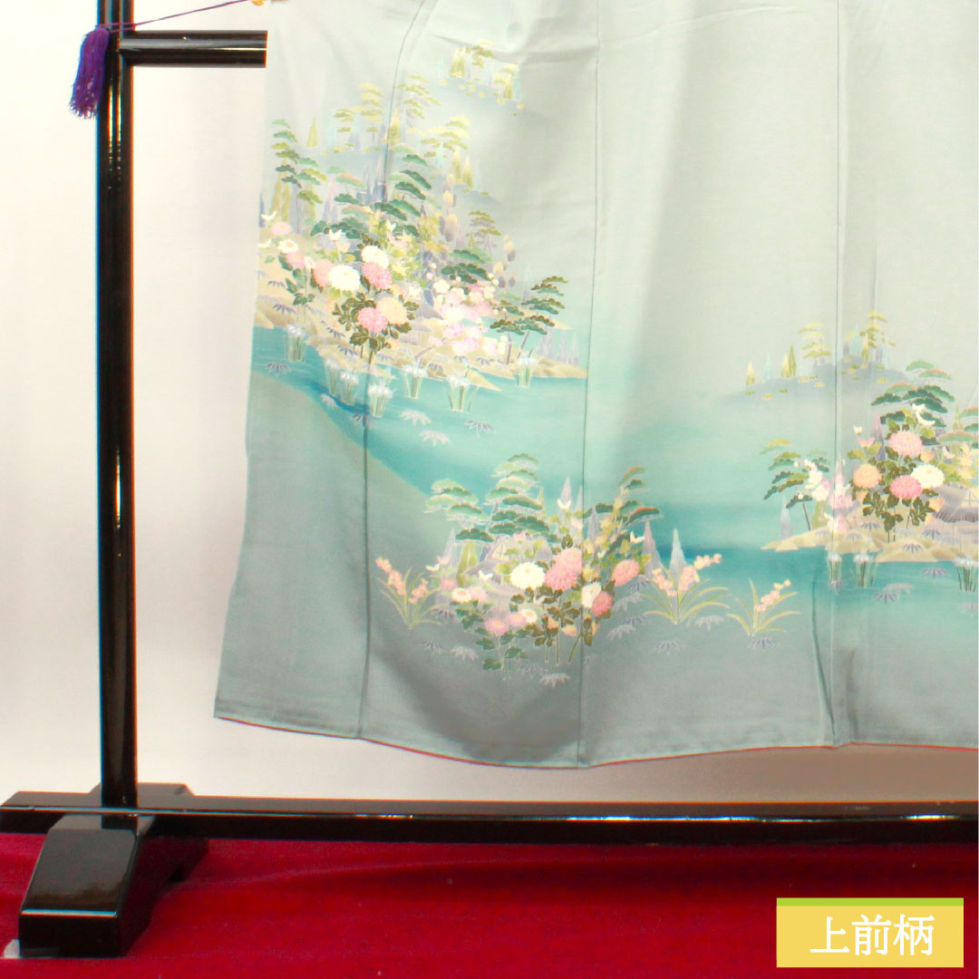 訪問着 正絹 袷 身丈151.5cm 裄丈63cm 青白磁色 京加賀友禅 峰山和生 吉祥文様 Sランク 水色系 1112003812224