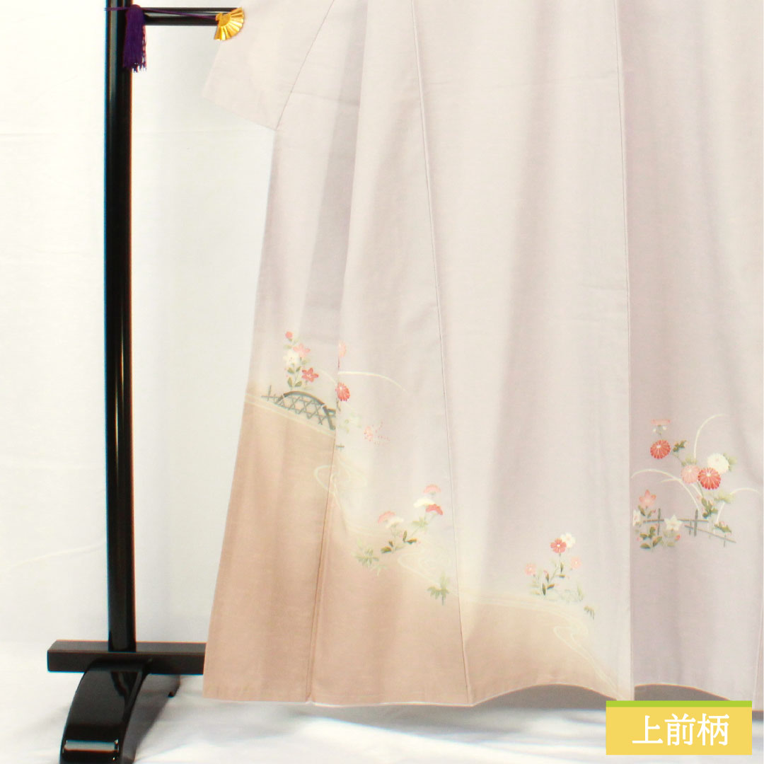 訪問着 ポリエステル 袷 身丈159cm 裄丈65.5cm 白藤色（しらふじいろ） 洗える着物 菊 桔梗 草花模様 しつけ糸付きSランク 紫系 1112005302320