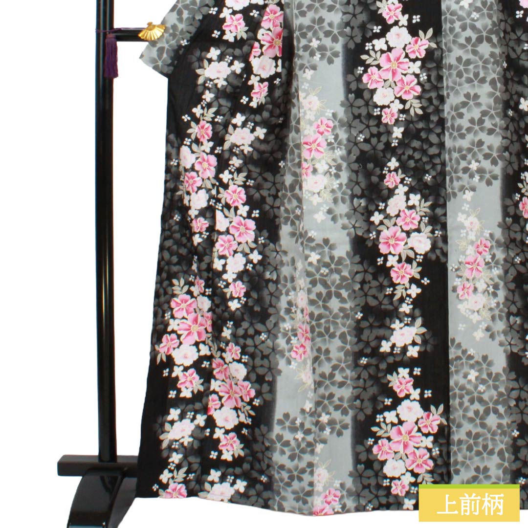 浴衣 木綿 Sランク 身丈165cm 裄丈66cm 黒色 ブルーグレー 桜 洋花 単衣 モノトーン 1118006922527