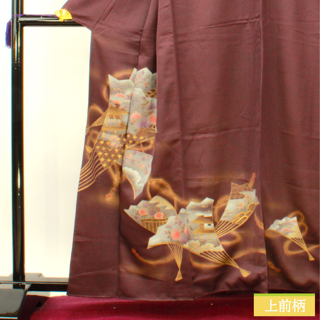 Homongi, pure silk, lined, length 160cm, sleeve length 64cm, purple, Kyoto Yuzen, fan, auspicious motif, S rank, purple, 1112004282420