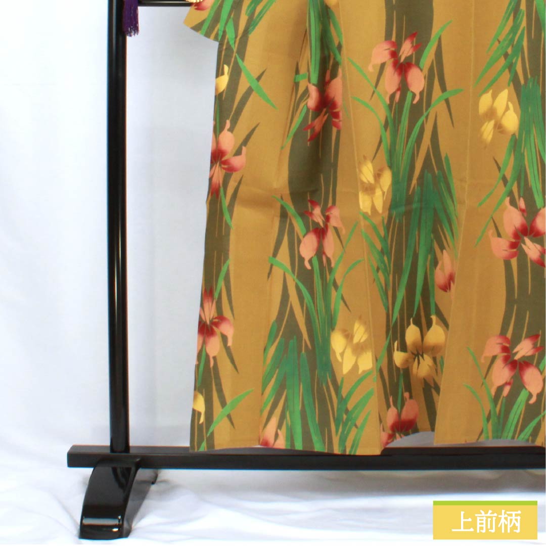 浴衣 木綿 身丈153.5cm 裄丈67cm Aランク 単衣 黄系 木蘭色（もくらんじき） 菖蒲 1118005803223