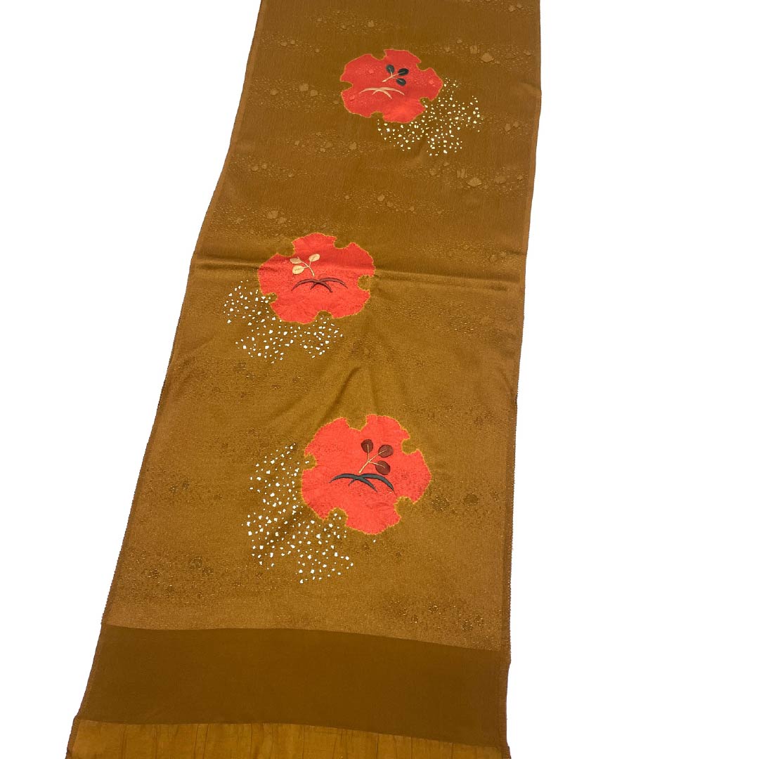 帯揚げ 正絹 Sランク セミフォーマル 黄褐色（おうかっしょく） 雪輪 部分絞り 刺繍 長さ約170cm 幅約30.5cm 茶系 1136002722914