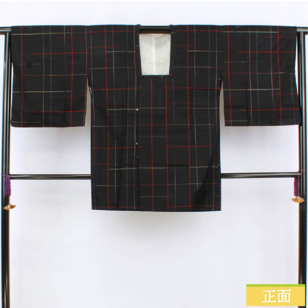 道行コート ポリエステル Sランク 身丈84cm 裄丈65cm 格子 単衣 黒系 1117001342910