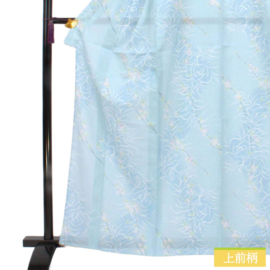 夏物 ポリエステル 小紋 Sランク 身丈163cm 裄丈65.5cm 蟹鳥染色（かにとりぞめいろ） 洗える着物 草花模様 絽 水色系 1132005982424