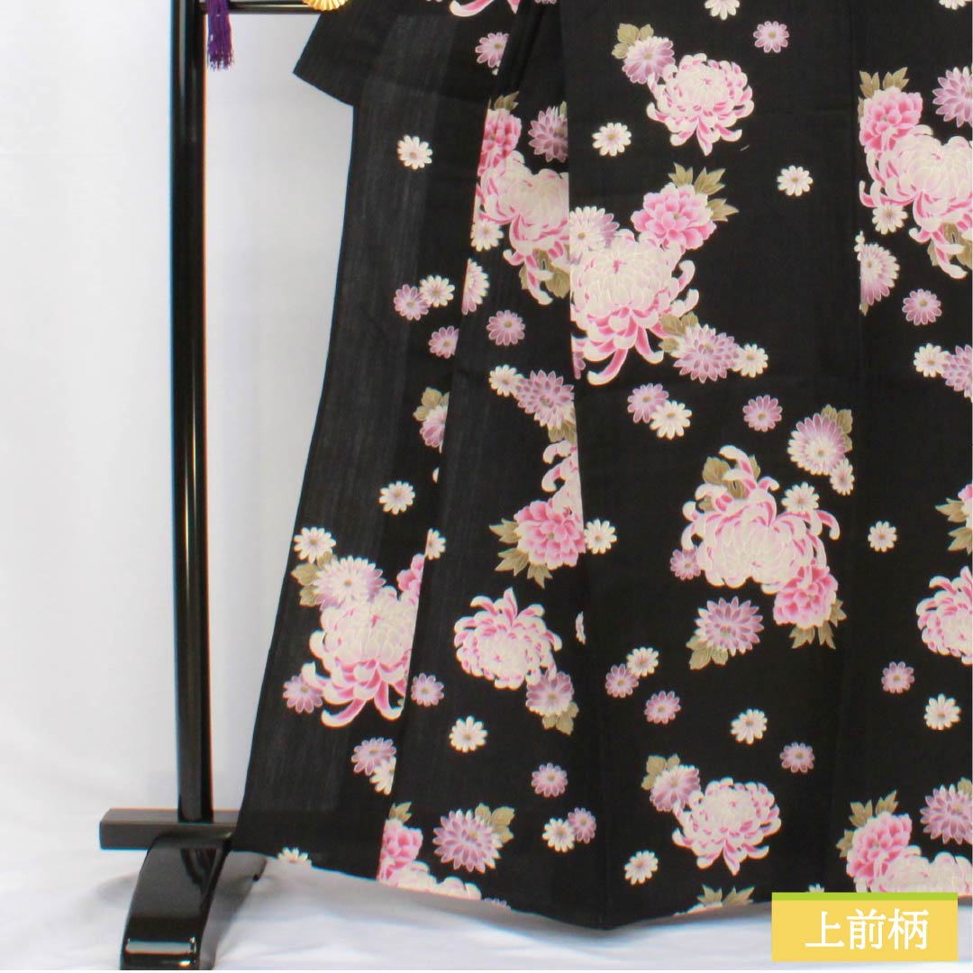 浴衣 木綿 身丈164cm 裄丈69.5cm Sランク 単衣 黒系 菊 1118006282410