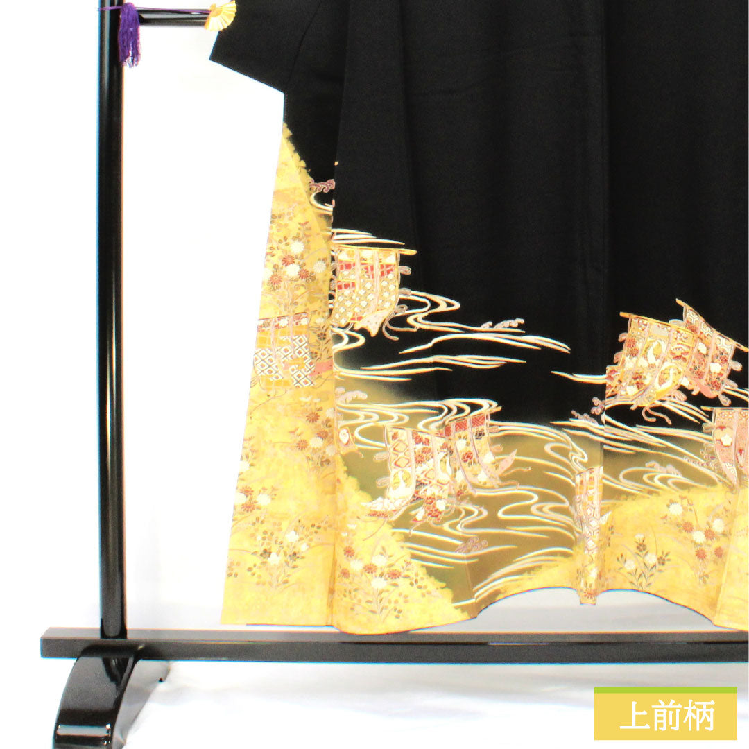 Black formal kimono, pure silk, length 150cm, sleeve length 64cm, lined, Kyoto yuzen, folding screen, flowing water, five crests, five-three paulownia, S rank, black, 1111001742110