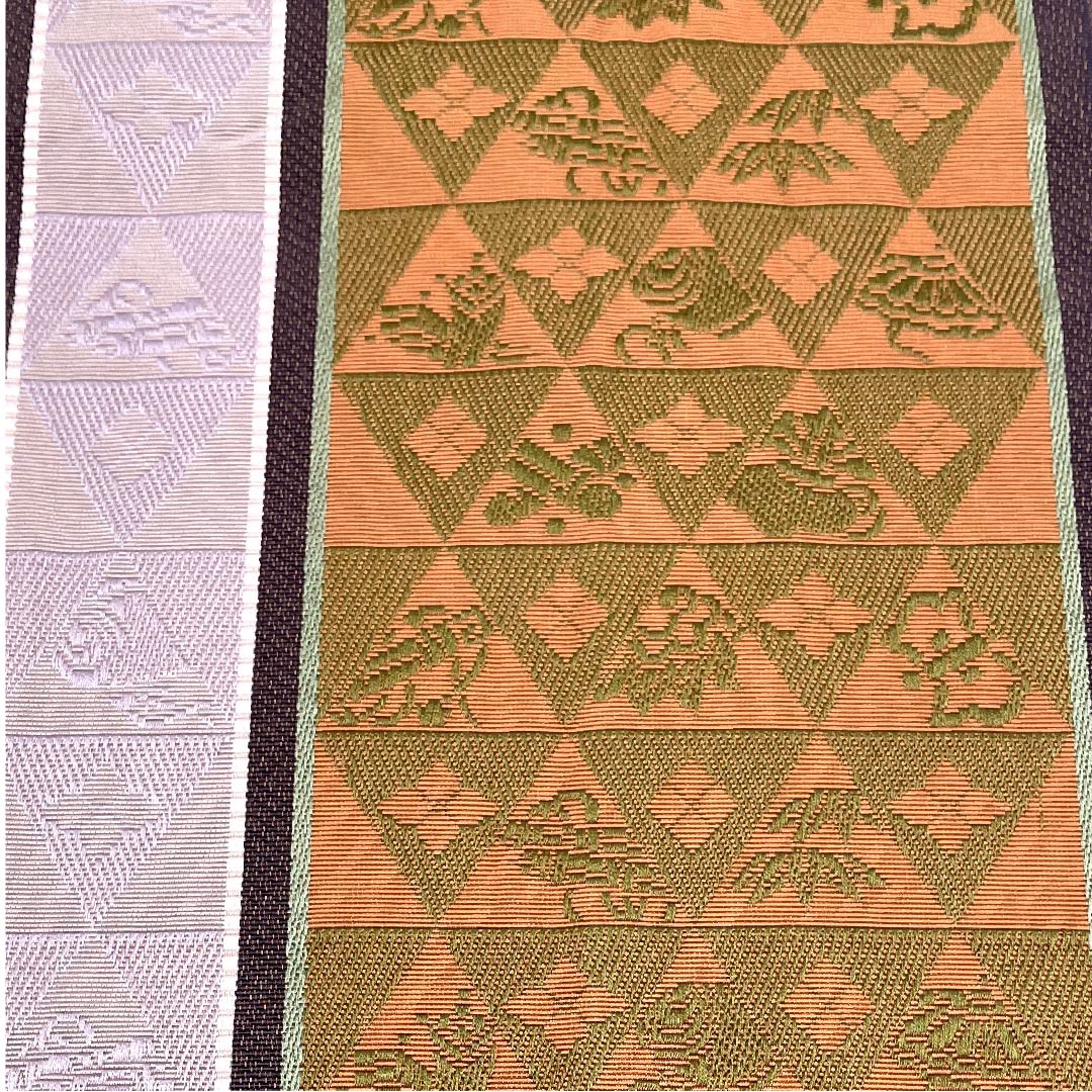（未仕立）半幅帯 正絹 帯丈354cm 陶塑色（とうそいろ） 宝尽くし 博多織 本場筑前 橙系 Aランク 1125001393326