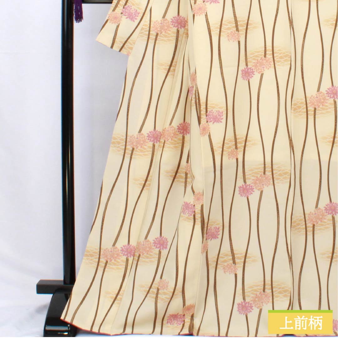 小紋 ポリエステル 身丈171.5cm 裄丈68cm 袷 薄卵色（うすたまごいろ） 立涌 菊 洗える着物 Aランク クリーム系 1115006033615