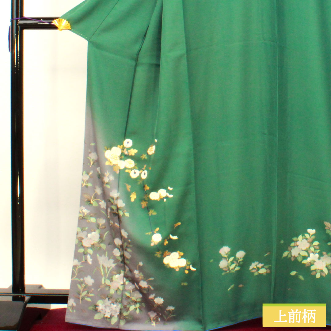 Homongi, pure silk, lined, length 166cm, sleeve length 66cm, Satsuma Nandouiro, Kyo-Yuzen, floral pattern, A rank, green, 1112004243519