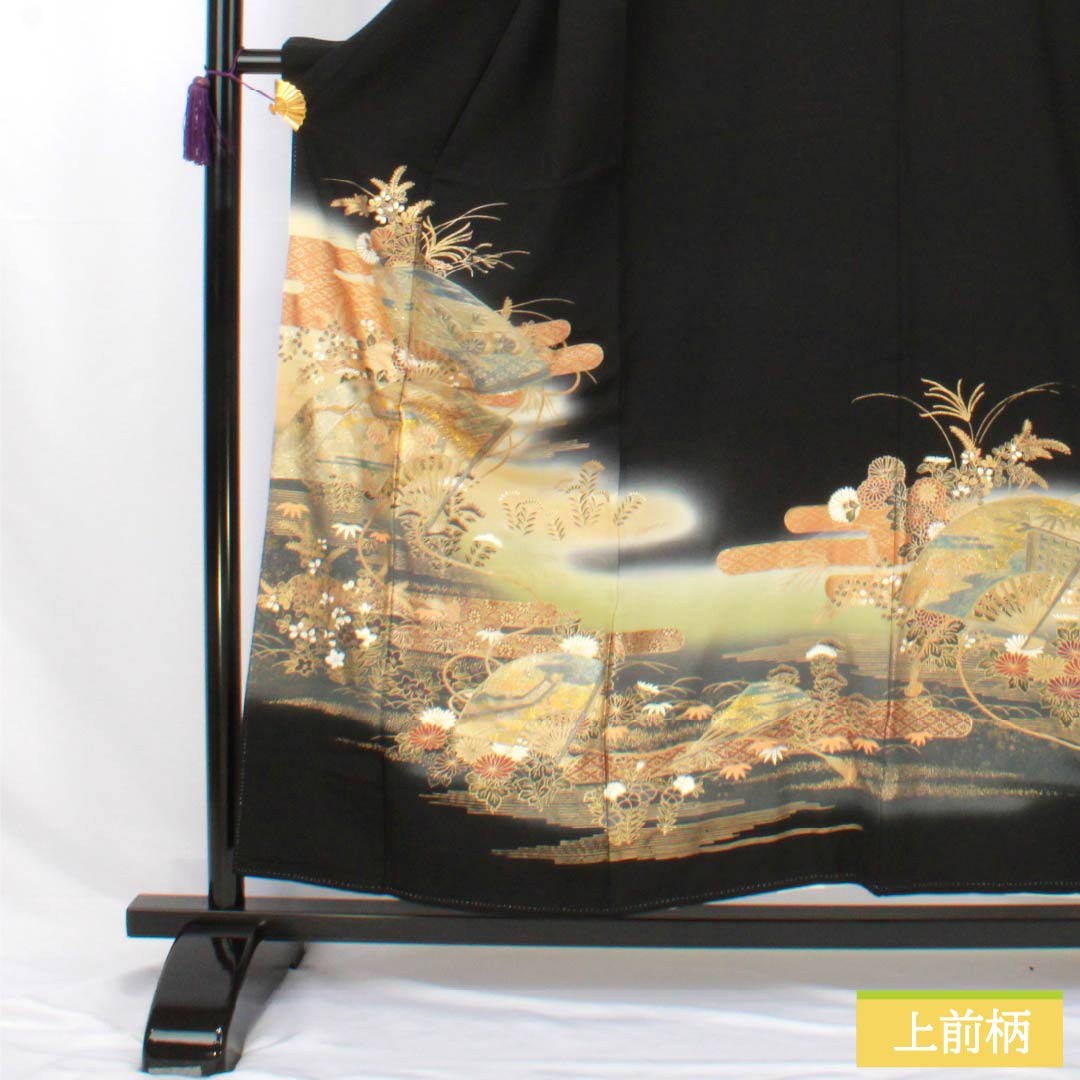 黒留袖 正絹 Sランク 身丈154cm 裄丈64cm 袷 京友禅 五つ紋 源氏車 扇面 慶長柄 作家物 五つ紋 黒系 1111002032210