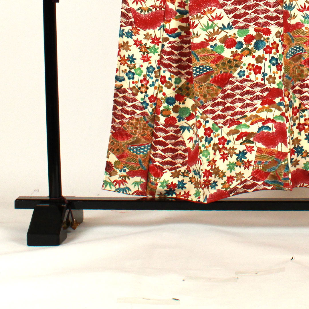 小紋 身丈156cm 裄丈64cm 袷  型染 松竹梅 吉祥文様  正絹 Sランク クリーム系 1115001722315