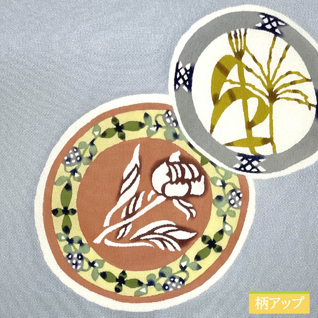 名古屋帯 薄鼠色（うすねずいろ） ちりめん地 丸に花模様 染め帯 帯丈358cm 正絹 Aランク ポイント柄 セミフォーマル グレー系 1124007163322 名古屋仕立て