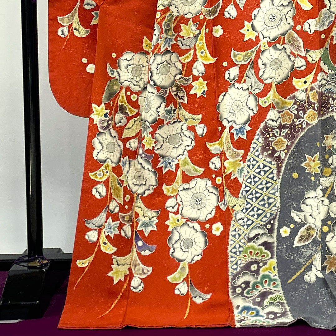 Long-sleeved kimono, length 175.5cm, sleeve length 68cm, lined, Kyoto Yuzen, Tsujigahana, dyed separately, circle with quince, pure silk, A rank, gradation style, 1113001583899