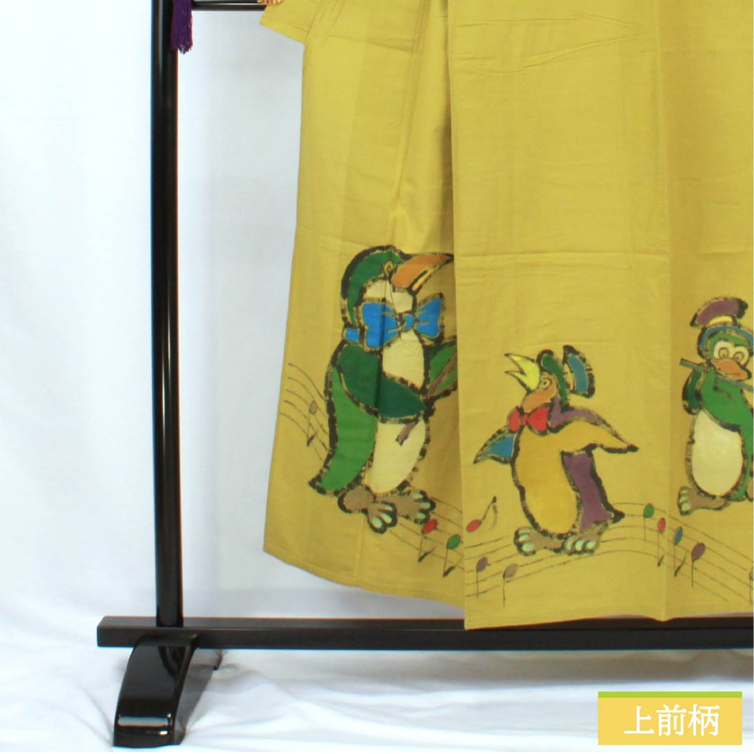 浴衣 木綿 身丈153cm 裄丈62.5cm Aランク 単衣 黄系 浅黄色（あさききいろ） ペンギン 1118005783223