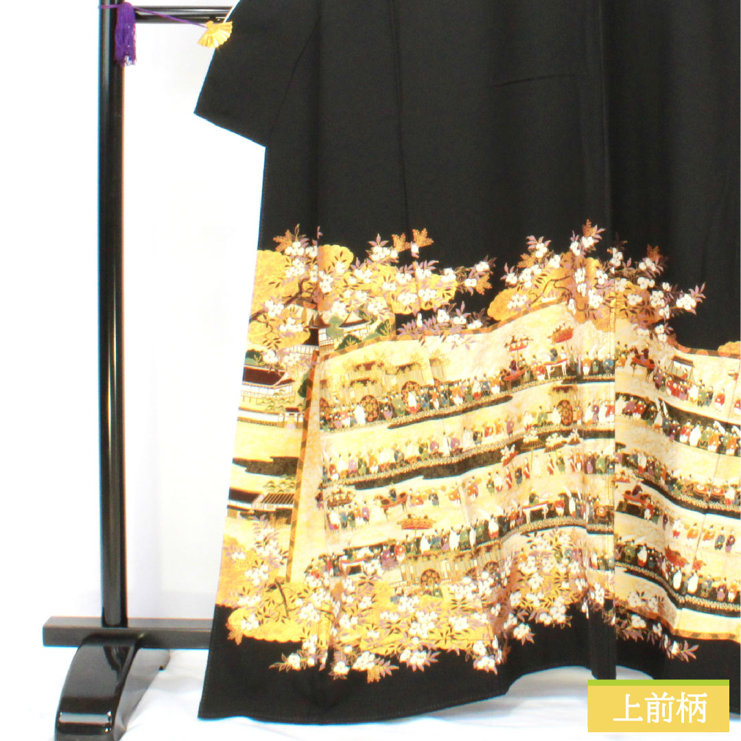 Black formal kimono, pure silk, length 162.5cm, sleeve length 69cm, lined, Kyoto Yuzen, feudal lord procession, artist work, Matsuo Korin, five crests, circle with four corners, A rank, black, 1111001603410