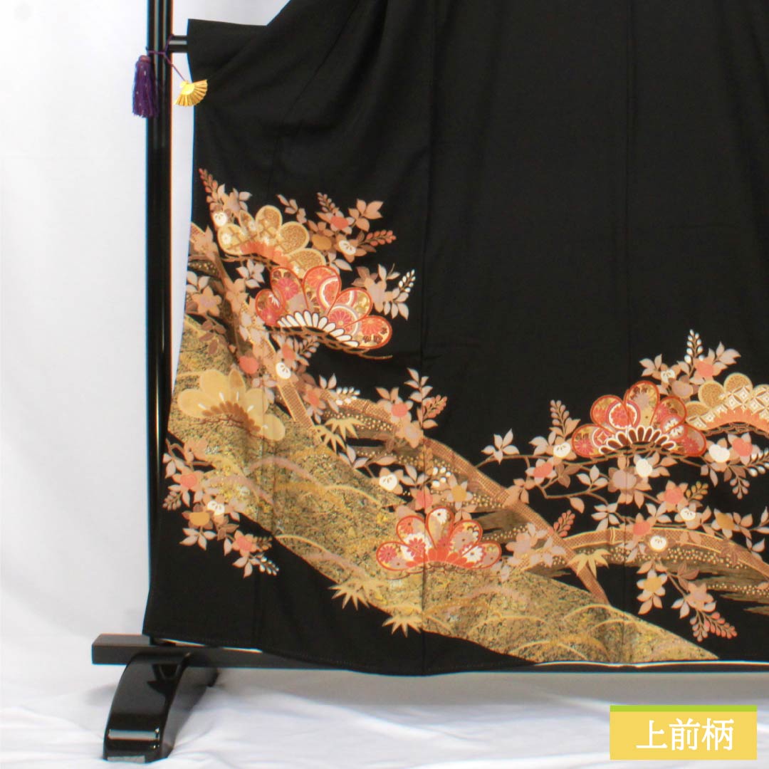 黒留袖 正絹 Aランク 身丈159cm 裄丈64cm 袷 京友禅 五つ紋 五三桐 吉祥文様 松 橘 五つ紋 黒系 1111002073310