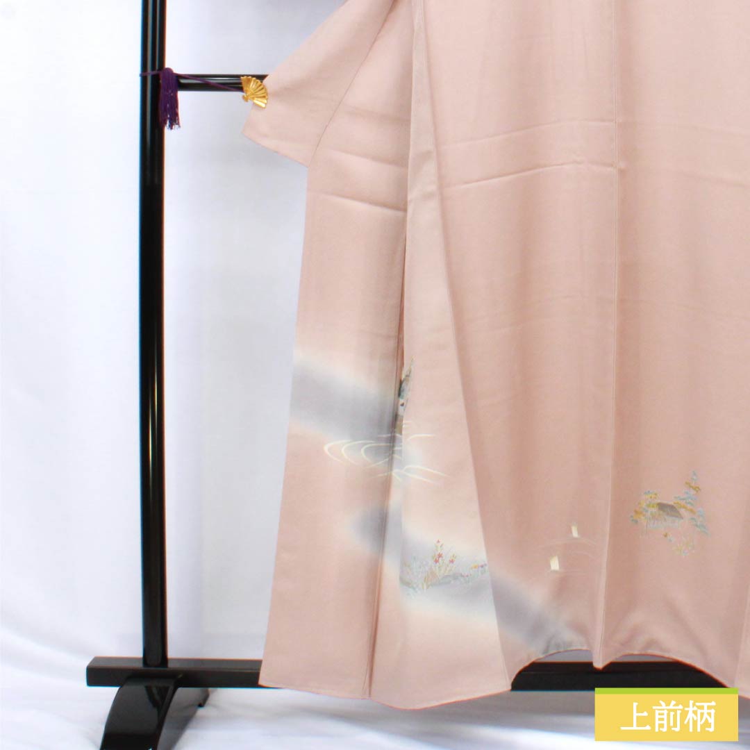 訪問着 正絹 Sランク 袷 身丈155.5cm 裄丈64.5cm 浪速鼠色（なにわねずいろ） 京友禅 付下げ 童 流水 しつけ糸付き ピンク系 1112006612313