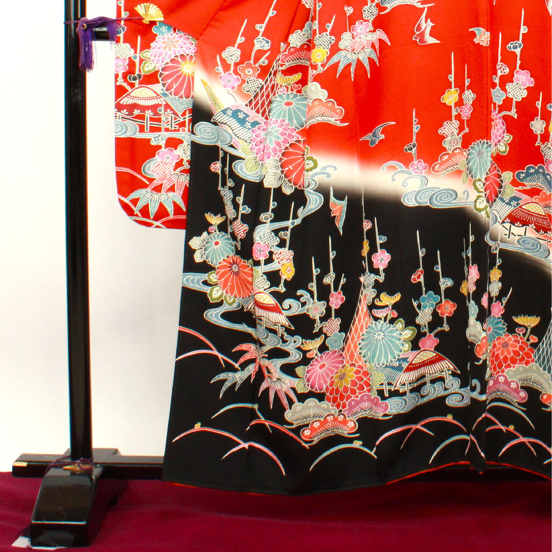 振袖 身丈158cm 裄丈66cm 袷  緋色 京紅型 松竹梅 菊 鳥 吉祥文様  正絹 Sランク 赤系 1113001602312