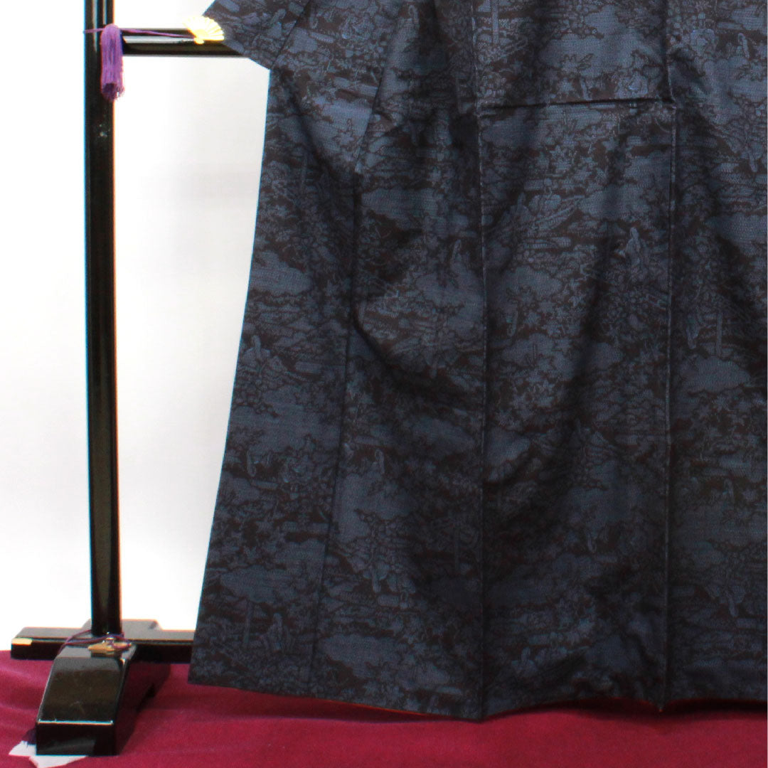 結城紬 身丈164.5cm 裄丈64.5cm 重要無形文化財 本場結城 100亀甲 正絹 Aランク 袷 紺系 1116002853418