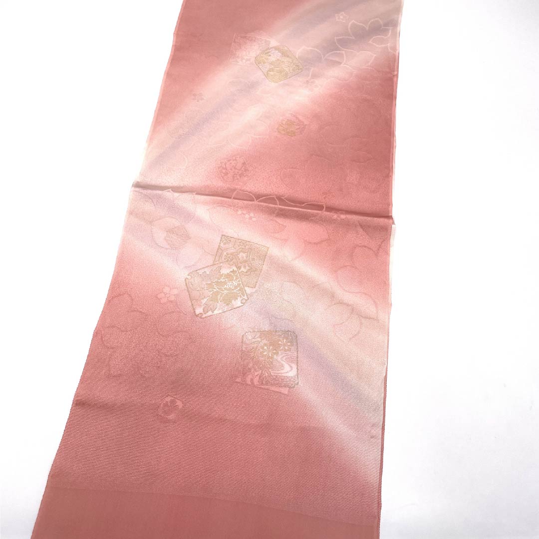 Obiage, pure silk, S rank, semi-formal, Hitoeumeiro (plum blossom color), shikishi-tori, flowers, length approx. 182cm, width approx. 32cm, pink color, 1136002942913