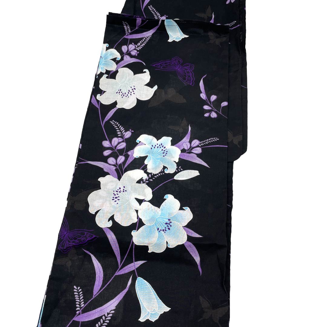 浴衣 木綿 Sランク 身丈166.5cm 裄丈64.5cm 3点セット 蝶 百合 作り帯 単衣 黒系 1118007332510