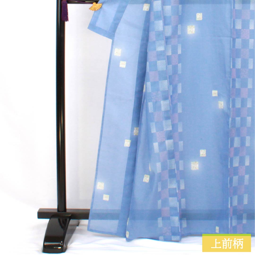 Summer kimono, polyester, small pattern, length 165cm, sleeve length 67.5cm, navy blue, checkered pattern, washable kimono, silk, A rank, blue, 1132002183517