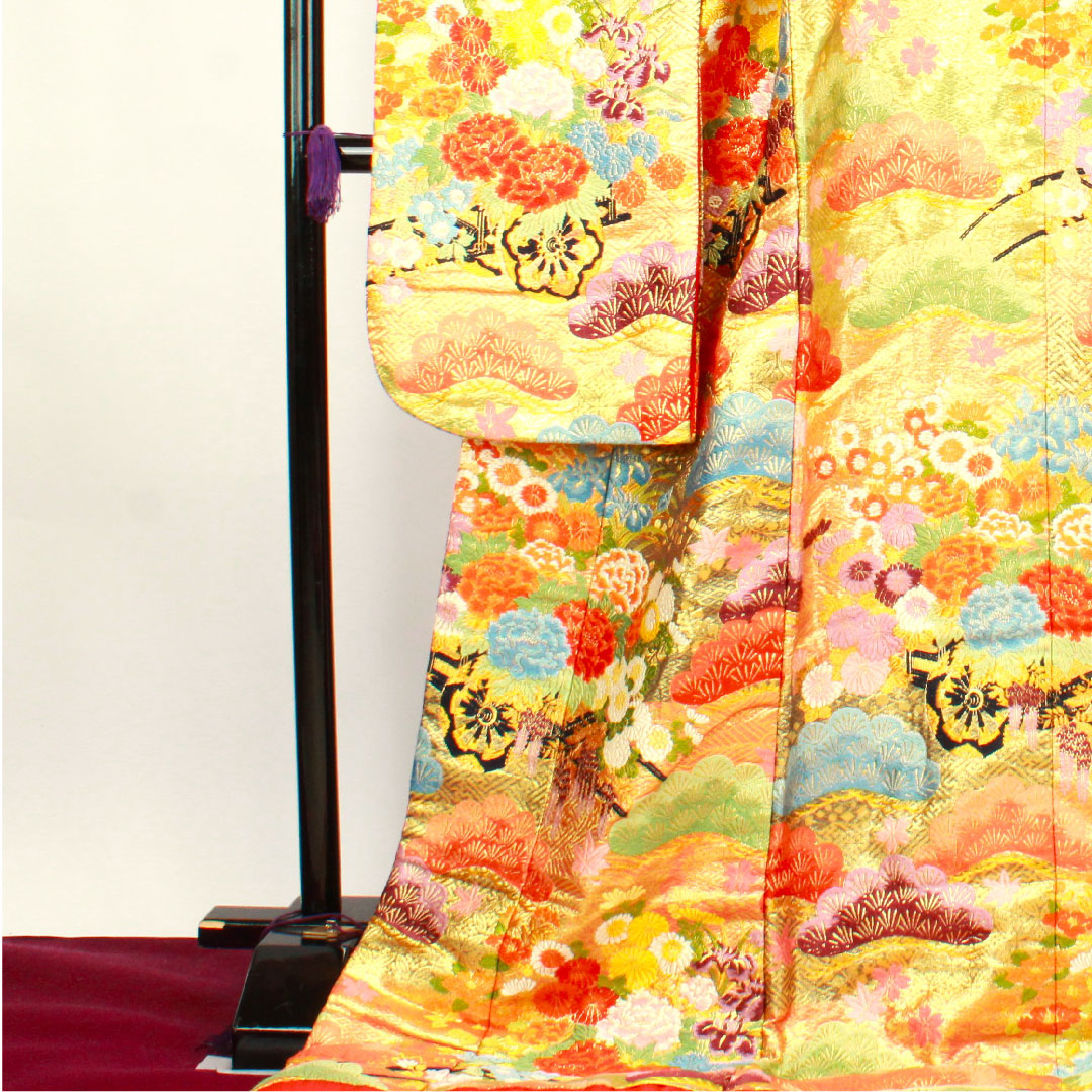 色打掛 身丈195cm  唐織 松 菊 花車 正絹 Sランク 袷 朱系 1110000412916