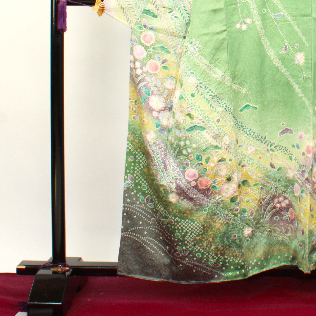 Homongi, lined, length 157.5cm, sleeve length 63cm, wasabi color, with basting thread, unused, Kyo-Yuzen, Tsujigahana, pure silk, S rank, green, 1112002702319