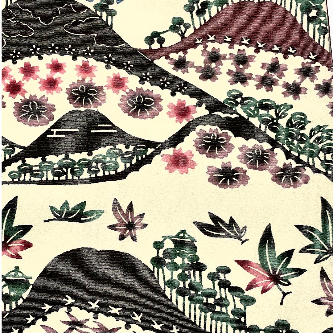 袋帯 生成り色（きなりいろ） 遠山 桜 紅葉 帯丈452cm 正絹 Aランク 全通 カジュアル クリーム系 1123005373415