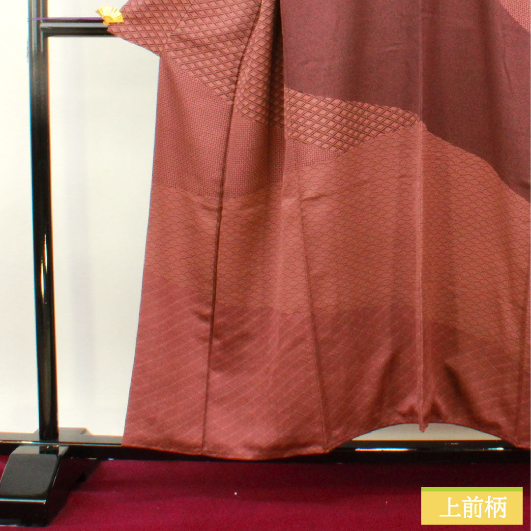 訪問着 正絹 袷 身丈155.5cm 裄丈63.5cm 積紅色（せきこういろ） 型染 割付文様 重ね衿付き Sランク 紫系 1112004792320