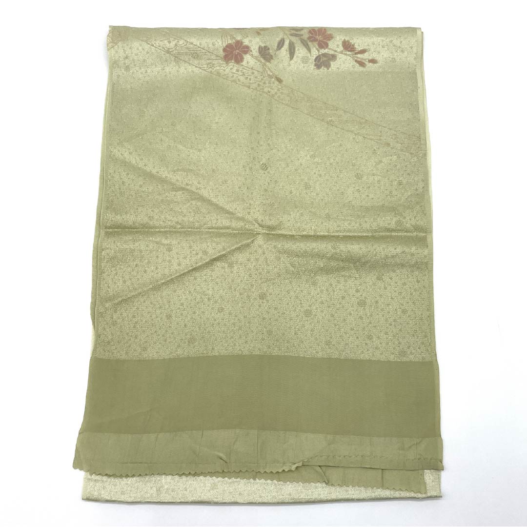 帯揚げ 正絹 セミフォーマル 裏柳色（うらやなぎいろ） 花柄 古典柄 長さ約168cm 幅約29cm Sランク 緑系 1136000542919