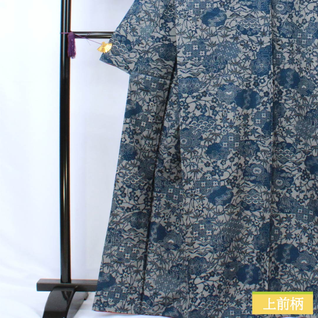 小紋 正絹 Sランク 身丈166cm 裄丈67cm 袷 京紅型 藍型 紬地 草花 グレー系 1115007212522