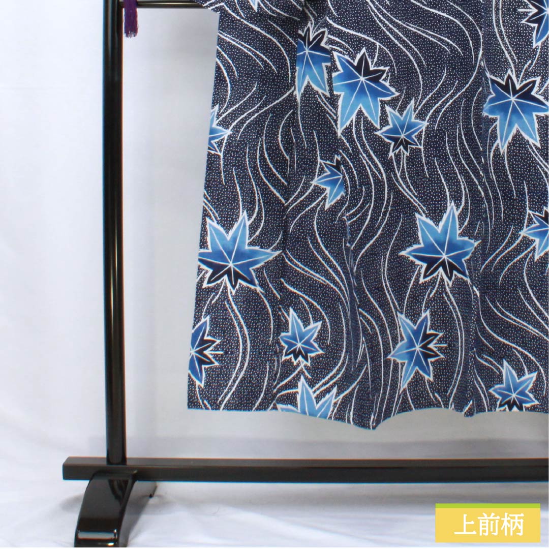 Cotton Yukata, Length 144.5cm, Sleeve Length 68.5cm, S Rank, Single Layer, Navy Blue, Flowing Water and Autumn Leaves Design, Item Number: 1118006312118