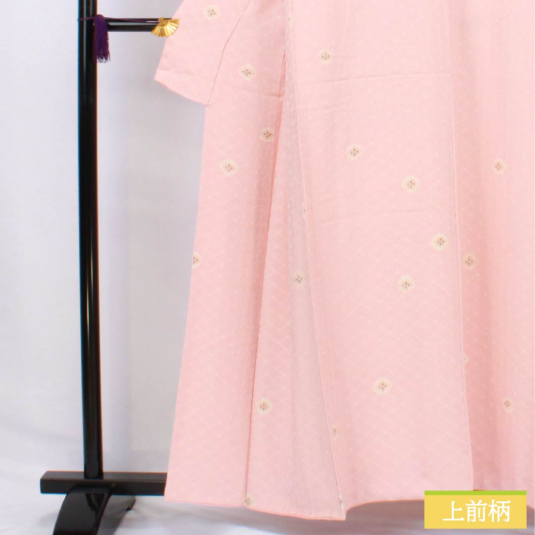 小紋 正絹 Aランク 身丈157.5cm 裄丈64cm 袷 曙色（あけぼのいろ） 絞り 七宝柄 しつけ糸付き ピンク系 1115006303313