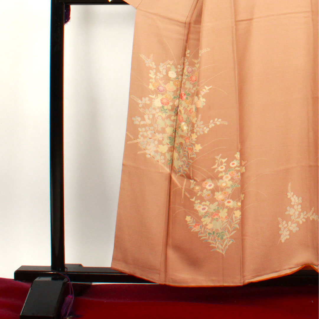 訪問着 袷 身丈159cm 裄丈64cm 柴染色 草花模様 正絹 Sランク 茶系 1112001582314